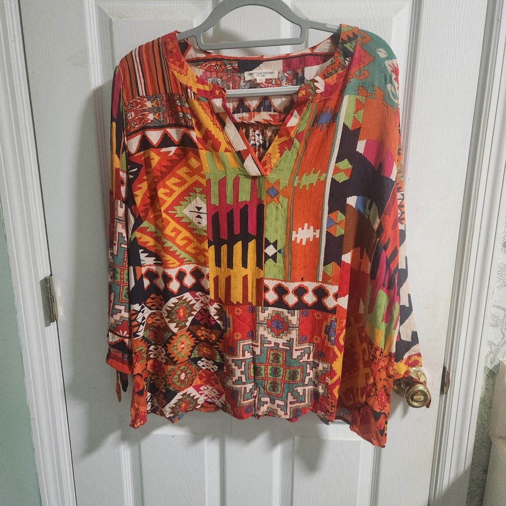 Christian Siriano NY Patchwork Print V-Neck Blouse Tie Cuff Orange Multi 2X
